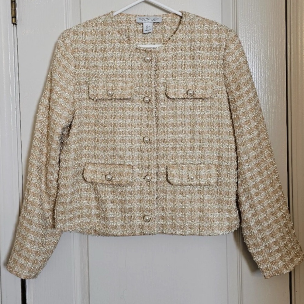 Rachel Zoe Beige Tweed Pearl-Button Blazer Jacket